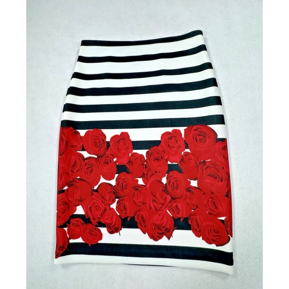 Joseph Ribkoff Pencil Skirt Women 4 Black White Stripe Red Rose Floral Pull On - Picture 1 of 11